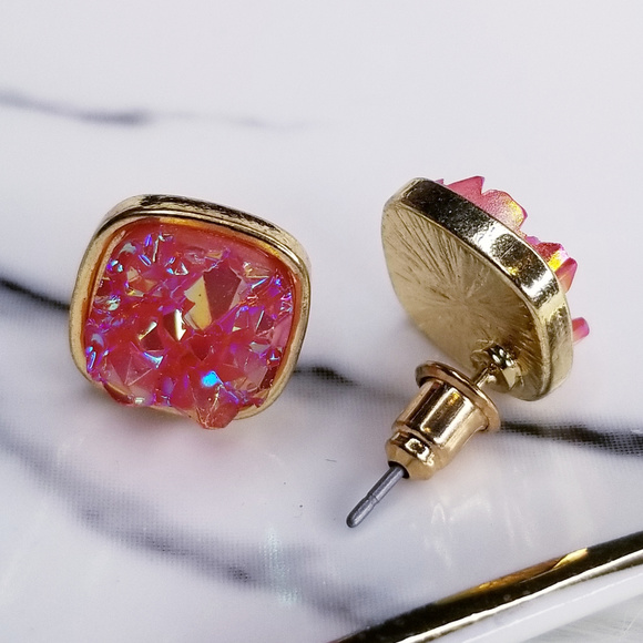 Rose Pink Iridescent Square Druzy Stud Earrings - Picture 2 of 2